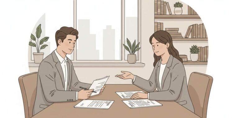Una persona revisando facturas y contratos con una abogada