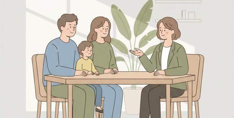 familia conversando con una abogada trato humano y empático